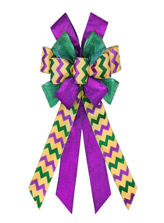 ABTOLS Mardi Gras Wreath Bows, Green Purple Glitter Bows for Wreath for Carnival Party Decorative Bows Purple Sequins Metallic Sparkle Wave Mardi Gras Bows for Front Door Indoor Outdoor Decorations - Image 1
